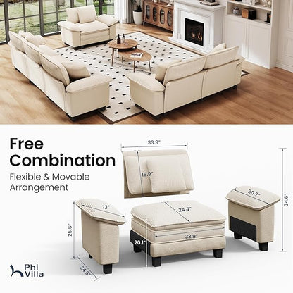 PHI VILLA Cloud Modular Couches Sets, 3 Pieces Sectional Sofa Set with Loveseats, 6-Seater Upholstered Couch for Living Room Small Spaces, Chenille Corduroy Dual Fabric, Beige