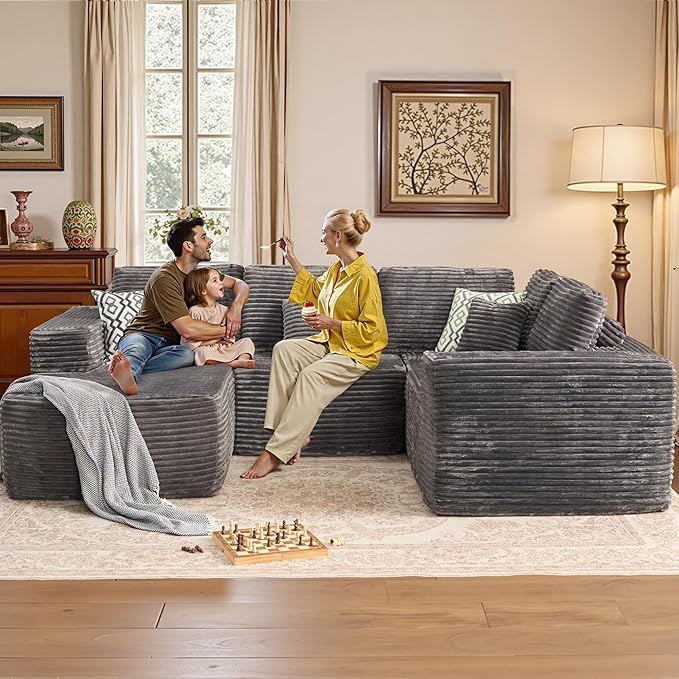 Weaxty Boneless Sectional Couch, U Shaped Modular Cloud Couches with Chaise, Plush Corduroy Memory Foam Deep Seat Floor Sofa, No Assembly Required，Gray