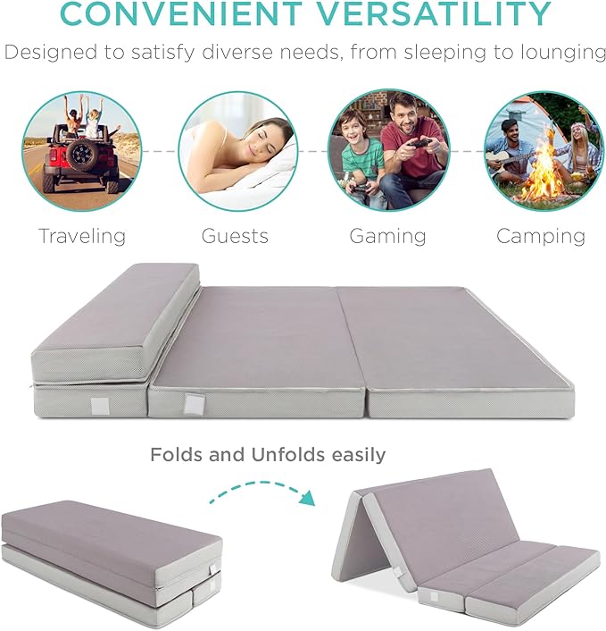 Best Choice Products 4in Portable Twin XL-Size Mattress, Tri-Fold Mattress for Camping, Guest, Toddler, Foam Plush w/Carry Case - Grey