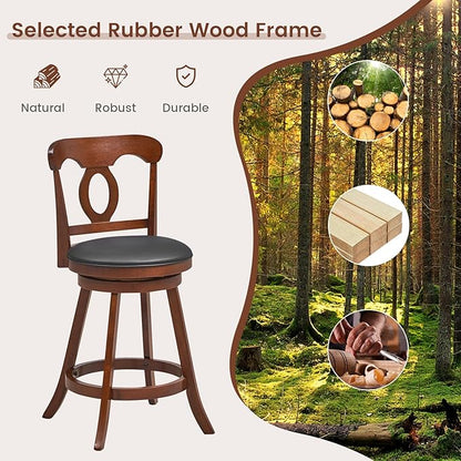 COSTWAY Bar Stools Set of 2, 24 Inch Swivel Counter Height Chairs with Ergonomic Back & Footrest, Vintage Wooden Barstool Set for Kitchen Island, Pub, Bistro, Café, Espresso (2, 24 Inch)