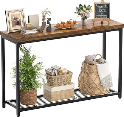 Console Table for Entryway, Narrow Entryway Table with Storage, Sofa Table with Mesh Shelves, Console Tables for Living Room, Bedroom, Hallway, Foyer (2 Tier, Rustic Brown, 47 inch)