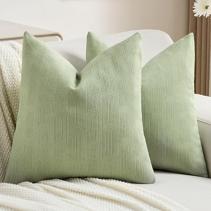 FUTEI Sage Green Chenille Decorative Throw Pillow Covers 24x24 Inch Set of 2,Soft Cozy Striped Geometric Patterns European Cushion Case,Modern Home Decor for Couch Bed Living Room