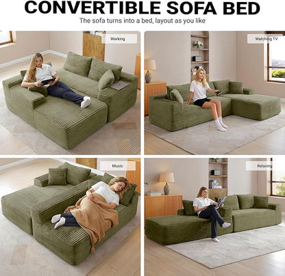 95 Inch Cloud Sectional Couch,Modular Sectional Sofa with Deep Seat,Modern Corduroy Boneless Couches with L-Shape Chaise for Living Room Bedroom,No Assembly Required (Green, Right Facing Chaise)