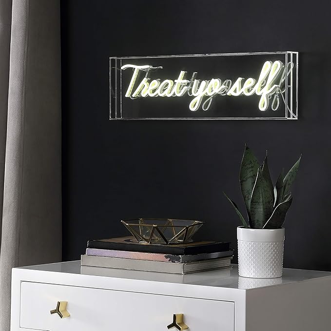 JONATHAN Y NEN1008A Treat Yo Self 20" Contemporary Glam Acrylic Box USB Operated LED Neon Light, Yellow Plug in Wall Light for Bedroom Wall Décor, Kids Bedroom, Party Supplier