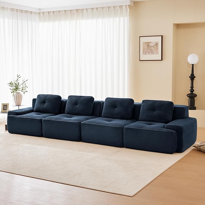 150.4” Blue Boneless Couches for Living Room, Modular Sectional Sofa, 4 Seater Comfy Upholstered Deep Seat Corduroy Fabric Cloud Couch No Assembly, Anti-Slip Design