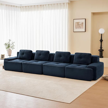 150.4” Blue Boneless Couches for Living Room, Modular Sectional Sofa, 4 Seater Comfy Upholstered Deep Seat Corduroy Fabric Cloud Couch No Assembly, Anti-Slip Design
