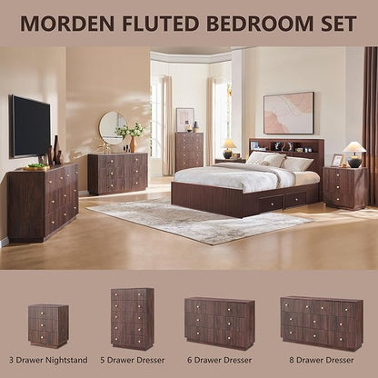 Fluted Dresser for Bedroom, 47" 6 Drawer Dressers, Wood Tall Dresser Storage Organizer, Modern Chest of Drawers with Deep Storage for Closet Hallway, Entryway, Living Room, Brown