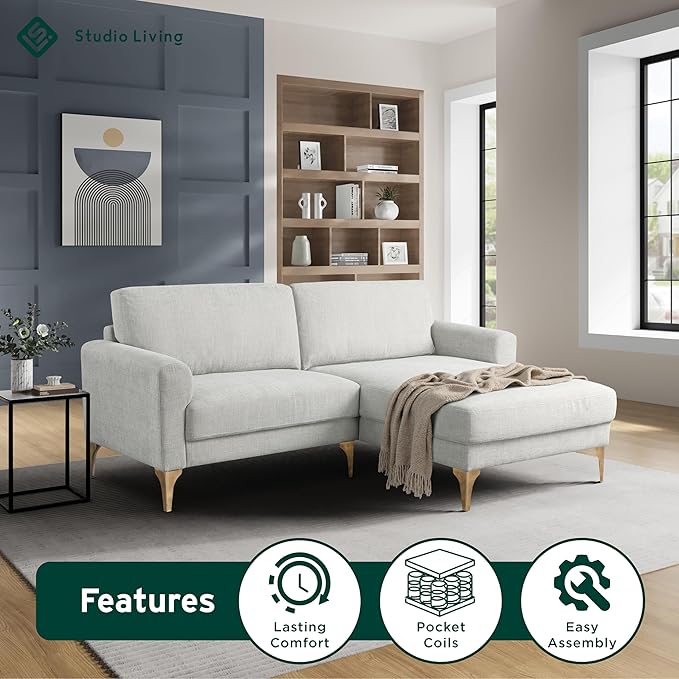 Studio Living® Matthew 83.5" Sofa Chaise, Mid-Century Modern, Pocket Coil Comfort, Reversable Chaise, Metal Brushed Bronze Legs, Chenille Fabric, Ivory