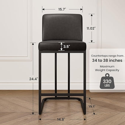 PHI VILLA Dark Grey Bar Stools Set of 4, Faux Leather Counter Height Chairs, Kitchen Stools for Island, 24 Inch Barstools with Back
