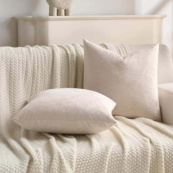FUTEI Beige Velvet Throw Pillow Covers 22x22 Inch Set of 2,Soft Embossed Leaf-Relief Textured Cushion Cases,Natural Home Decor for Couch Living Room