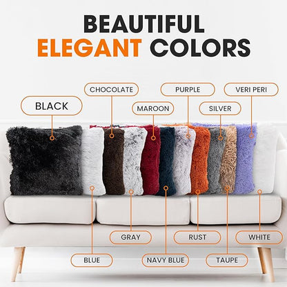 Cheer Collection Throw Pillows for Couch and Bed, Soft Shaggy Throw Pillows with Inserts Included, Cozy Long Hair Faux Fur Pillows - Set of 2-20" x 20" - Black