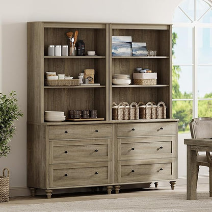 WAMPAT 3 Tier Bookshelf with 6 Wooden Drawers, 72" Tall Large Farmhouse Display Bookcase with Open Book Shelves, Mid Century Style Bookshelves for Living Room, Bedroom, Study Room, Wash Grey (2PCS)