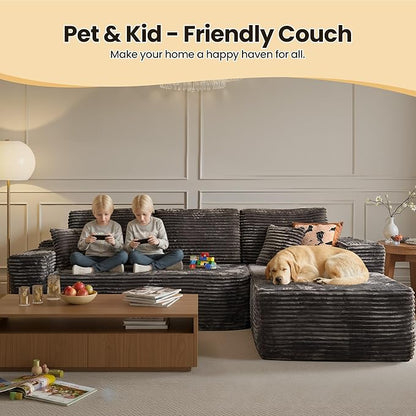 104" Cloud Sectional Couch with Chaise, Boneless L-Shaped Cloud Couch with Deep Seat, Soft Plush Modern Minimalist Sofa, Assembly Free Comfy Sofa for Office Living Room Apartment(Grey, Right Chaise)