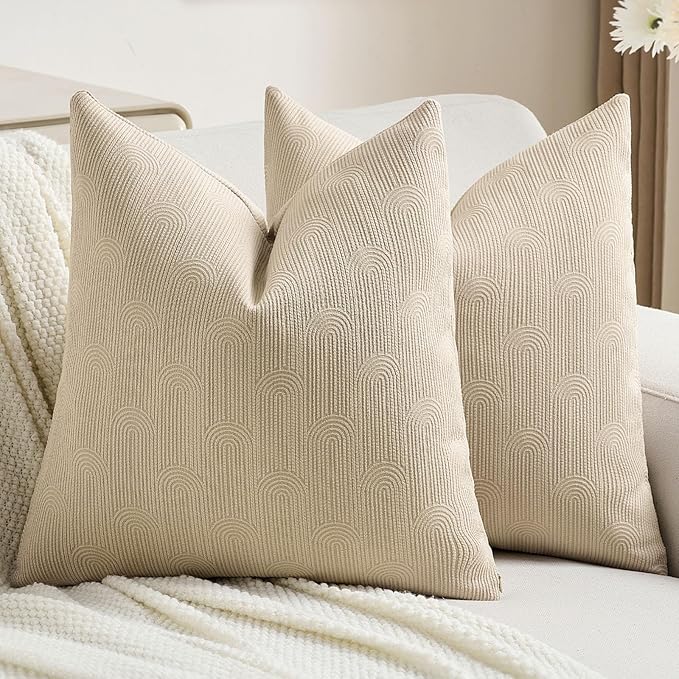 FUTEI Oatmeal Chenille Decorative Throw Pillow Covers 22x22 Inch Set of 2,Soft Cozy Striped Geometric Patterns Cushion Case,Modern Home Decor for Couch Bed Living Room