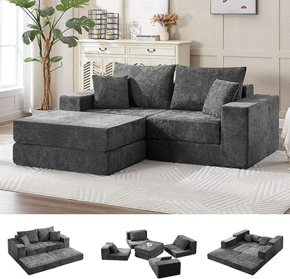 79" Boneless Cloud Loveseat Sofa Couch, Modular Foldable Floor Sofa with Ottoman, Chenille Lounge Convertible Sofa Bed for Living Room, No Assembly, Dark Grey