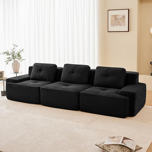 115.3” Black Boneless Couches for Living Room, Modular Sectional Sofa, 3 Seater Comfy Upholstered Deep Seat Corduroy Fabric Cloud Couch No Assembly, Anti-Slip Design