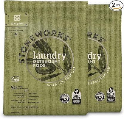 Grab Green Stoneworks Laundry Detergent Pods, 100 Count, Olive Leaf Scent, Plant And Mineral Based, Cleans Deeply, Eliminates Odors, Fights Stains, So