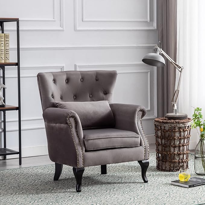 Accent Reading Arm Chairs Set of 2 for Living Room Bedroom, Midcentury Modern Comfy Corner Sofa Chair, Wingback Waiting Room Club Chair with Button Tufted Back &Lumbar Pillow, Velvet Grey