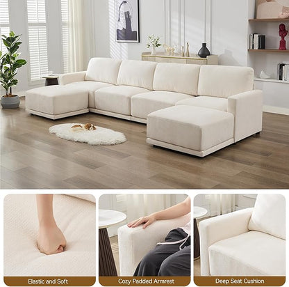 44.2" Chenille Oversized Chair with Movable Ottoman, Modular 1 Seat Couch with Thickened Cushions, Modern Single Sofa Chaise Lounge Reading Chair for Living Room, Small Apartment, White