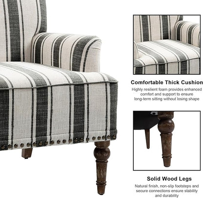 Accent Chair, Mid Century Modern Comfy Armchair for Living Room, Linen Fabric Single Sofa Lounge for Reading Bedroom Apartment Waiting Room with Wood Legs (Black Stripe, Set of 1)