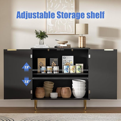 Buffet Sideboard Cabinet with 2 Doors, Modern Kitchen Cabinet with Golden Handles & Legs, Adjustable Shelf, Accent Coffee Bar Storage Sideboard for Kitchen, Living Room, Black