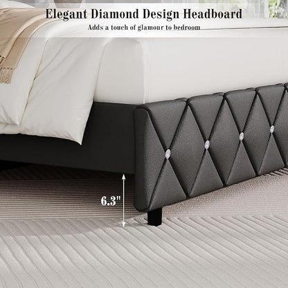 BarnFurin Queen Bed Frame with Diamond Tufted Headboard, Faux Leather Upholstered Bed with Wooden Slats Support, No Box Spring Needed, Mattress Foundation, Easy Assembly, Grey