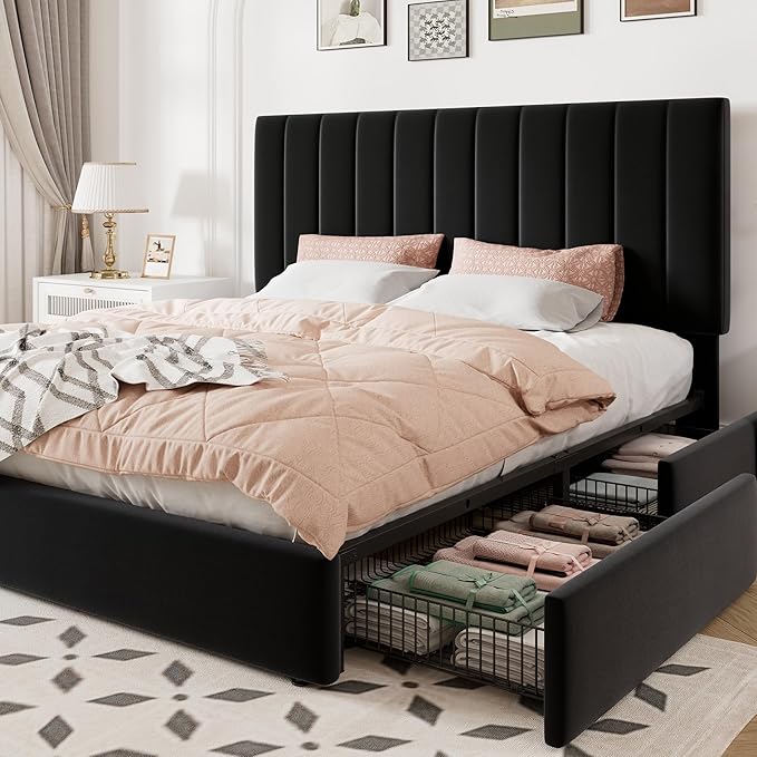Allewie Queen Size Storage Bed Frame, Vertical Channel Tufted Adjustable Headboard, Velvet Upholstered Platform Bed with 4 Oversized Underbed Drawers, Wooden Slats Support, No Box Spring Needed, Black