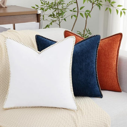decorUhome Chenille Soft Throw Pillow Covers 24x24 Set of 2, Farmhouse Velvet Neutral Decorative Euro Pillow Covers with Stitched Edge for Couch Sofa Bed Home Decor, White