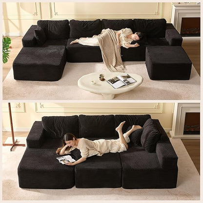 138" Boneless Couch with Deep Seat, Modular Sectional Sofa, Cloud Sectional Couch for Living Room, No Assembly Required, Corduroy, U-Shape 4 Seater Left, Black