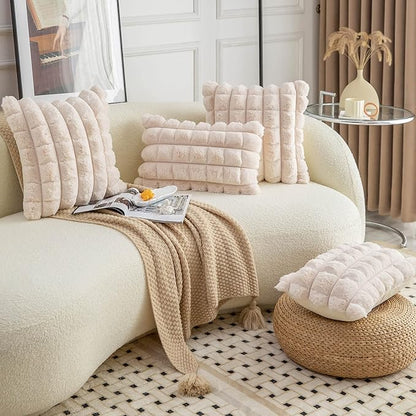 Neelvin Beige Faux Fur Cozy Soft Plaid Decorative Throw Pillow Covers 18x18 inch Set of 2,Velvet Pillowcase Cushion Case for Sofa Couch