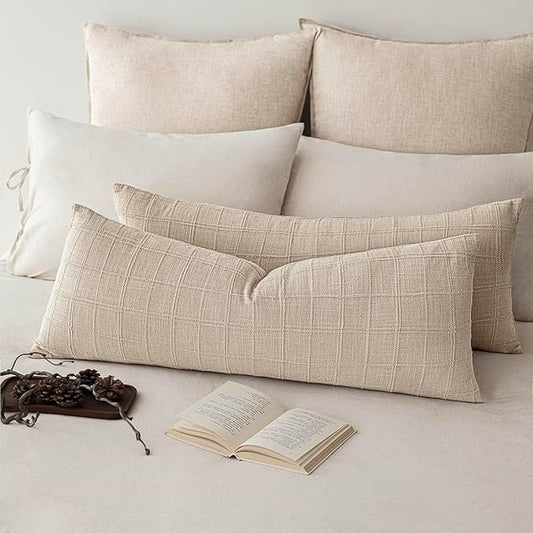 Foindtower Set of 2 Decorative Linen Check Throw Pillow Covers Neutral Long Body Lumbar Cushion Covers Farmhouse Vintage Home Decor for Sofa Chair Couch Bedroom Living Room,14×36 Inch,Natural Linen