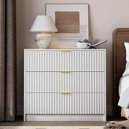 3-Piece Dresser Bedroom Set, 6 Drawer Dresser & 3 Drawer Nightstands with Gold Handles, Fluted Wood Chest of Drawers for Bedroom, Living Room, Entryway, White