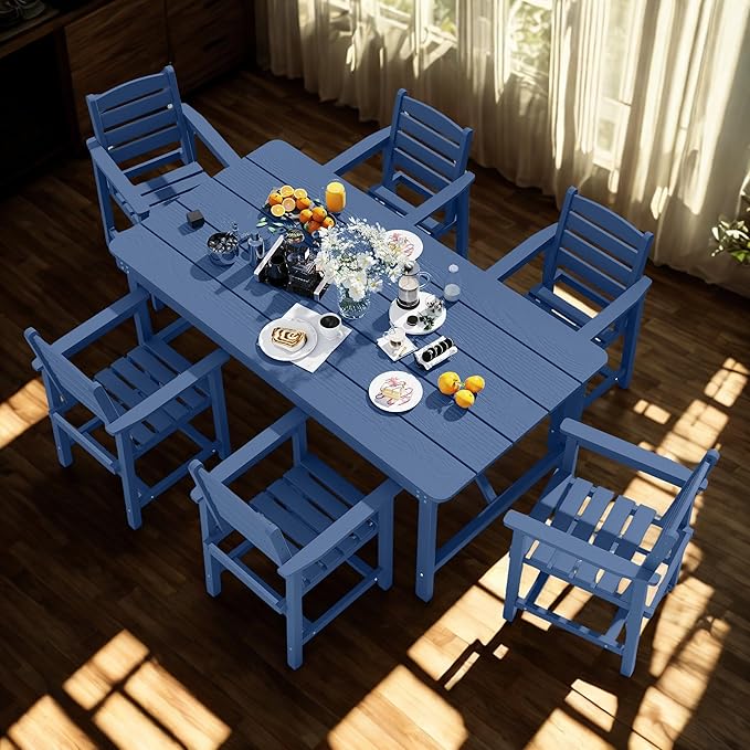 7 Piece Patio Dining Set with 11ft Patio Umbrella (Rose Pink), 7 Navy Outdoor HDPE Dining Set with 6 Chairs + 1 Large Table, for Market, Pool, Garden, Backyard, Deck