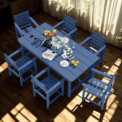 7 Piece Patio Dining Set with 11ft Patio Umbrella (Royal Blue), 7 Navy Outdoor HDPE Dining Set with 6 Chairs + 1 Large Table, for Market, Pool, Garden, Backyard, Deck
