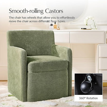 HULALA HOME Upholstered Dining Chair Set of 2 with Smooth-roling Castors, Modern Fabric Side Dining Room Chairs with Built-in Storage, Multi-Purpos Kitchen Chairs for Living Room, Moss