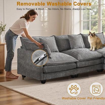 111.4" L-Shaped Cloud Chenille Sectional with Reversible Chaise, Flexible 3+1 Layout for Large Spaces, Deep Seat and Free Pillows Included
