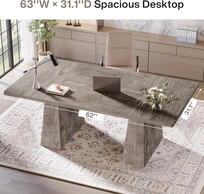 Tribesigns 63-Inch Executive Desk, Large Office Computer Desk with Double Pedestal, Modern Simple Workstations Writing Table Conference Table Business Furniture for Home Office, Grey