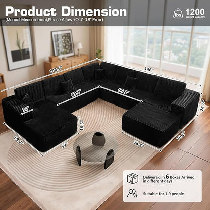 146'' Oversized Boneless Sectional Couch, U Shaped Cloud Couches with Chaise & Ottoman, Plush Corduroy 8 Seater Deep Seat Modular Sofa Sets for Living Room, No Assembly Required, Black