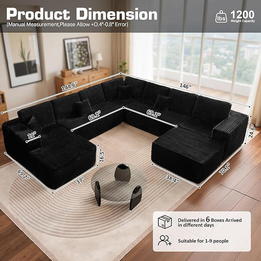 146'' Oversized Boneless Sectional Couch, U Shaped Cloud Couches with Chaise & Ottoman, Plush Corduroy 8 Seater Deep Seat Modular Sofa Sets for Living Room, No Assembly Required, Black