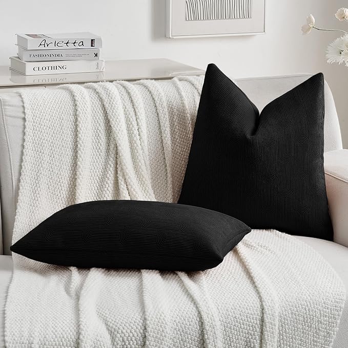 FUTEI Black Chenille Decorative Throw Pillow Covers 16x16 Inch Set of 2,Soft Cozy Striped Geometric Patterns Cushion Cases,Modern Home Decor for Couch Bed Living Room