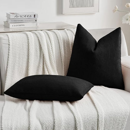 FUTEI Black Chenille Decorative Throw Pillow Covers 22x22 Inch Set of 2,Soft Cozy Striped Geometric Patterns Cushion Cases,Modern Home Decor for Couch Bed Living Room