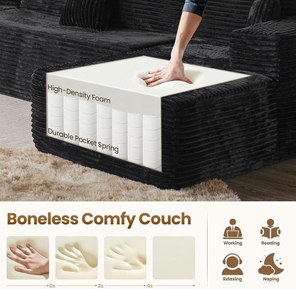 Cloud Sectional Couch with Chaise, Boneless U-Shaped Cloud Couch with Deep Seat, Soft Plush Modern Minimalist Sofa, Assembly Free Modular Floor Sofa for Office Living Room Apartment, Black