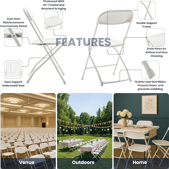 BTEXPERT® Set of 8, White Plastic Folding Chair Steel Frame Commercial High Capacity Event Chair Lightweight Set for Office Wedding Party Picnic Kitchen Dining Church School