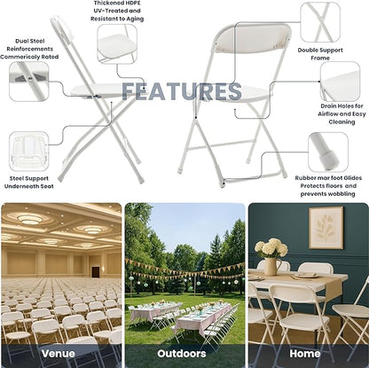 BTEXPERT® Set of 2 Pack, White Plastic Folding Chair Steel Frame Commercial High Capacity Event Chair Lightweight Set for Office Wedding Party Picnic Kitchen Dining Church School