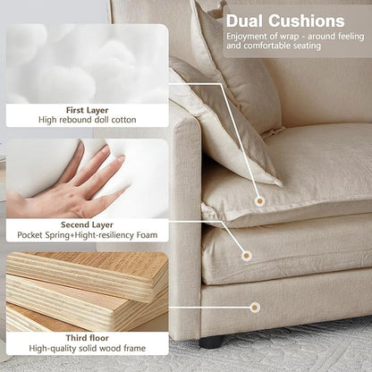 Modular Sectional Sofa, 146.5 Inch L-Shaped Cloud Sofa with Deep Seat Chenille Sofa with Cushions, Four Seater Sectional Sofa for Living Room Apartment,Light Coffee