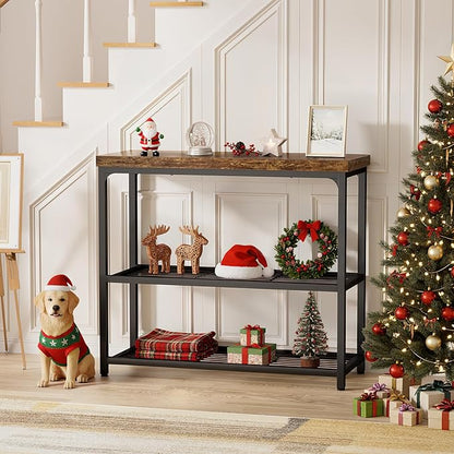 32" Small Console Table with Storage, Narrow Entryway Table, Sofa Table for Living Room, Sturdy 3-Tier Console Tables for Living Room, Hallway, Foyer & Bedroom, Rustic Brown