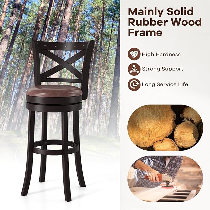 COSTWAY Bar Stools Set of 2, 30" Swivel Bar Height Bar Chairs with Copper Nails, Upholstered Seat, X-Shaped Backrest, Solid Rubber Wood Frame, for Kitchen Island Pub Bar
