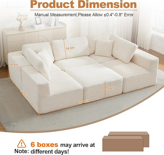 Cloud Modular Sectional Sleeper Sofa,U-Shape Modern Boneless Sectional Couch with Deep Seat,Upholstered Couches for Living Room Bedroom,No Assembly Required,Beige