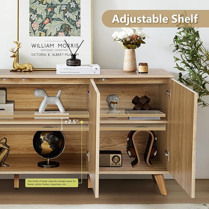 Fluted Sideboard Buffet Cabinet with Storage, Modern Storage Cabinet with 3 Doors, Wood Credenza Buffet Sideboards, Bar Cabinets Console Table for Kitchen Dining Living Room Entryway (Natural)
