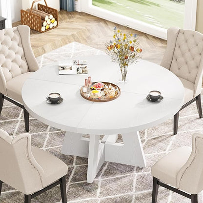 Tribesigns Round Dining Table for 4, 47 inch Farmhouse Circle Kitchen Table with Wooden Pedestal Base for Kitchen, Dining Room, Living Room (White)